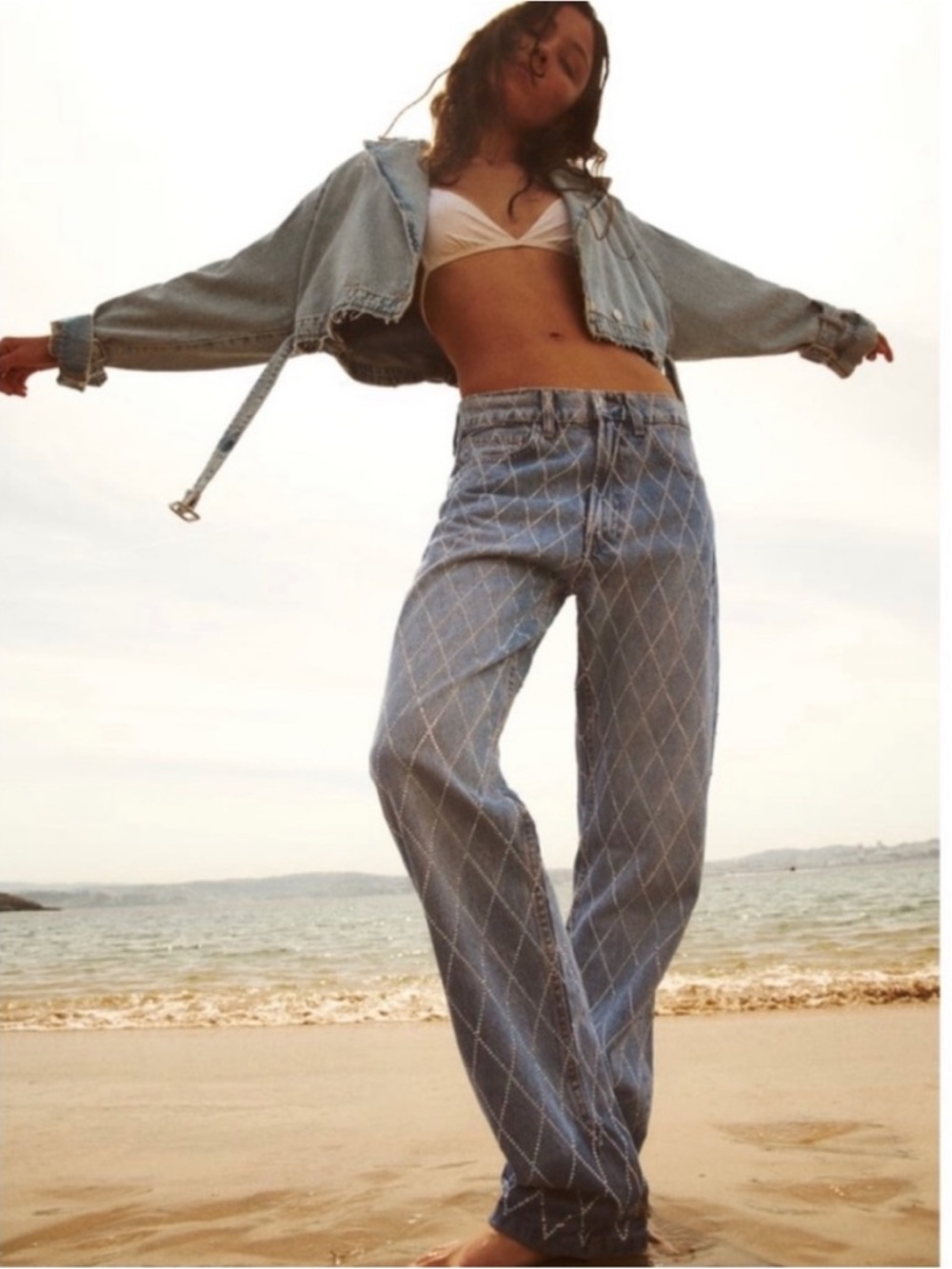 Zara Light Blue Straight Leg Jeans with White Diamond Stitching